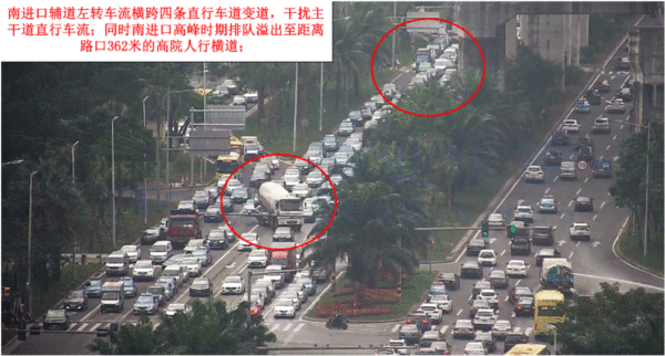 圖4 龍昆南路-城西路交叉口南進口輔道橫跨四個車道進行左轉(zhuǎn)以及排隊長度(優(yōu)化前）