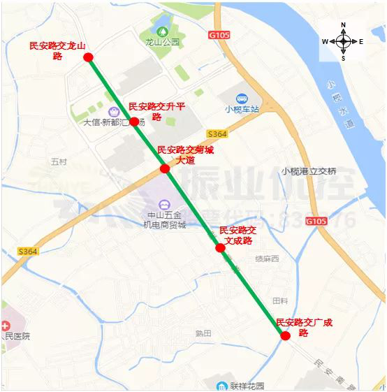 圖1 民安路路段五個(gè)路口分布圖